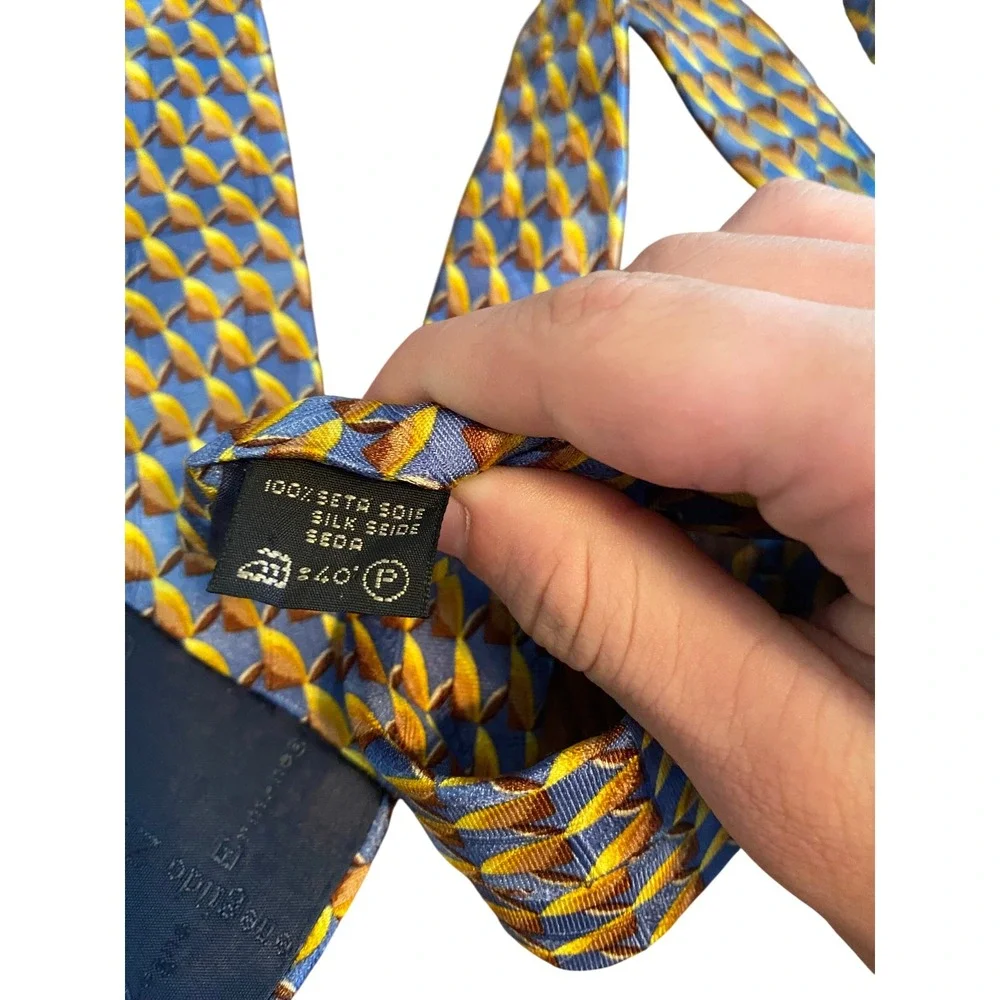 Ermenegildo Zegna Silk Tie Blue Gold‎ Geometric Abstract Made in Italy Mens